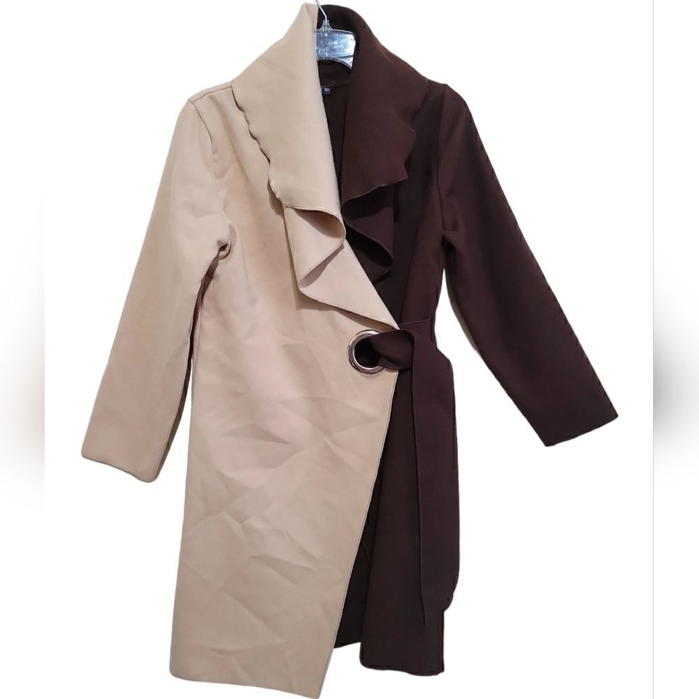 Shein Women's Brown and Tan Two Tone Belted Coat Sz Small